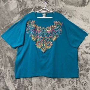 Vintage EZE Women Shirt Size 2X Short Sleeve Artsy Western Festival Colorful